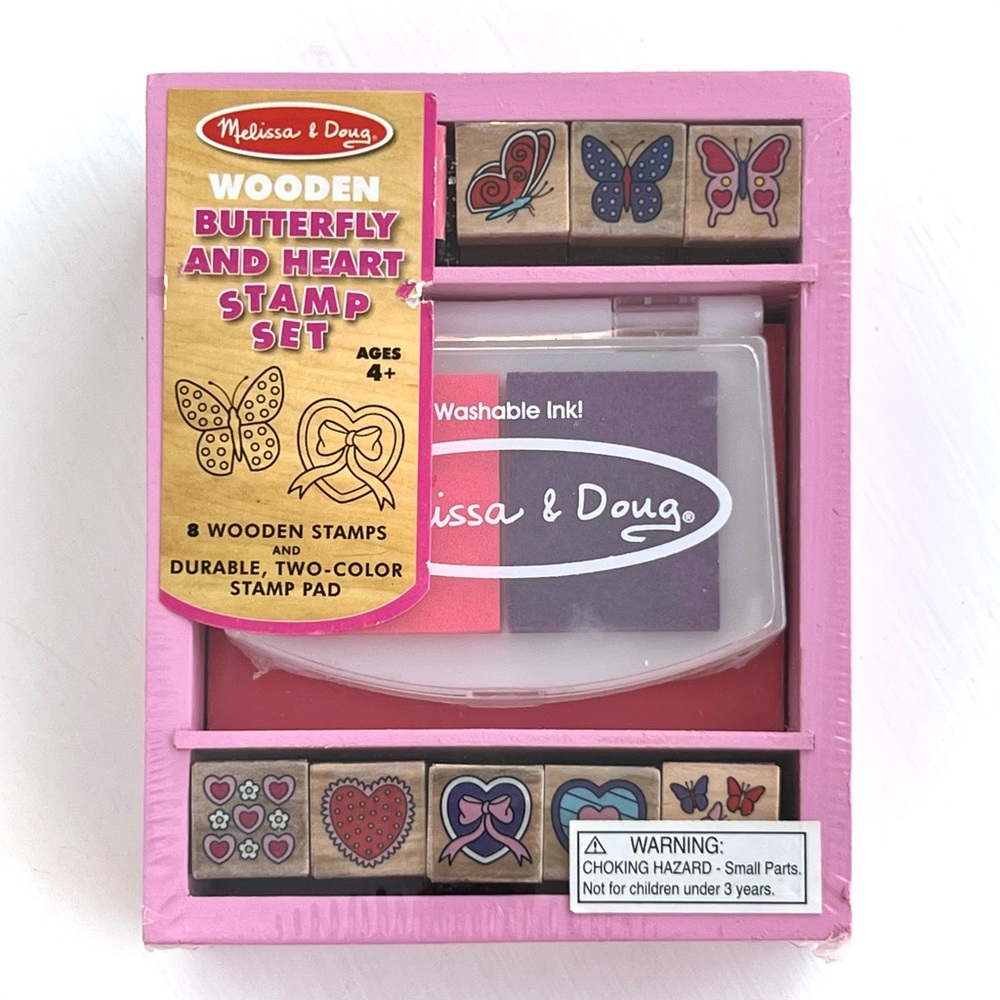 NEW Melissa & Doug Butterfly & Heart Wooden Rubber Stamp Set Valentines Crafts